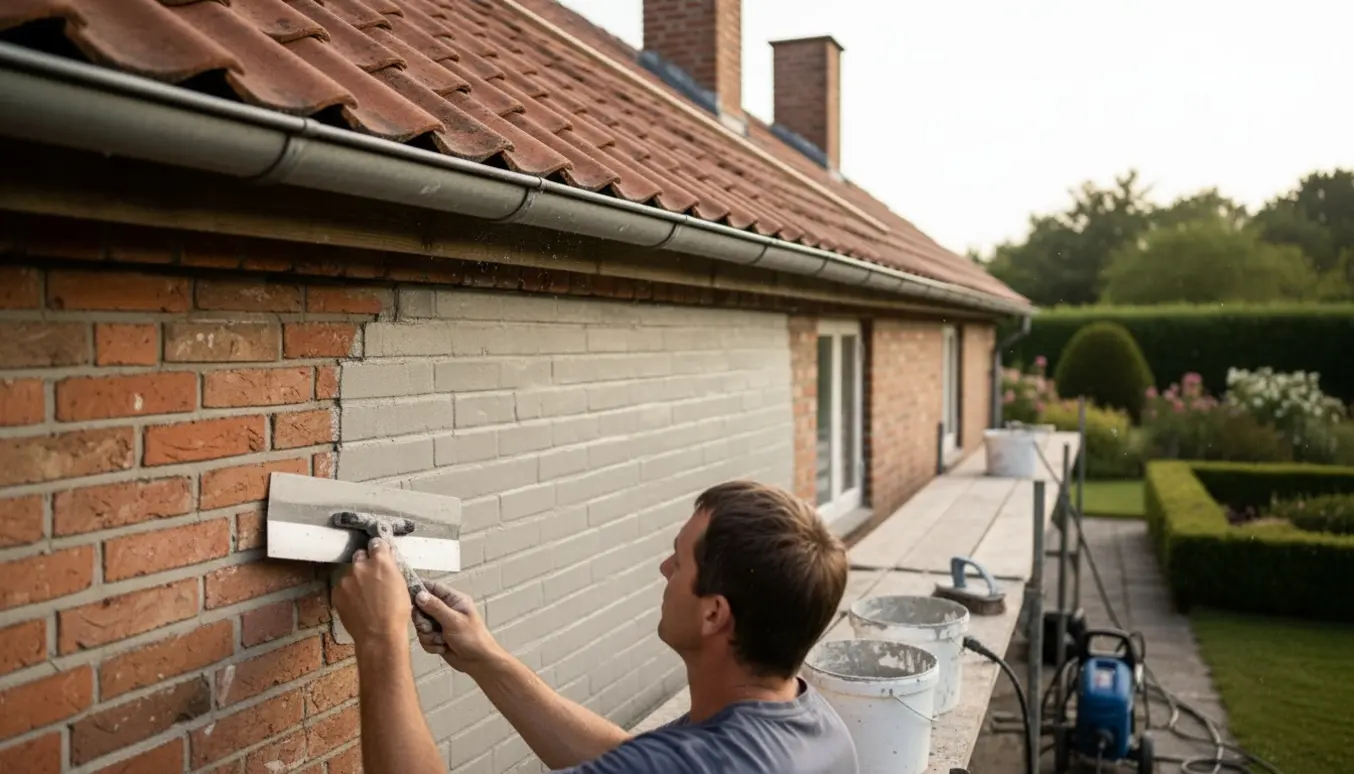 Nærbillede af hænder, der filser en nyrenset ydermur på et étplans rødstenshus med stillads og gåplader på taget.