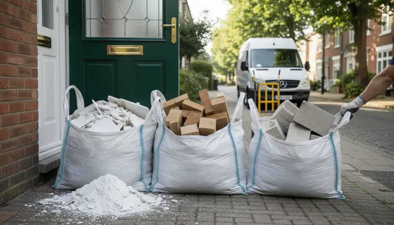 Tre fyldte byggeposer med gips, træ og gasbeton ved hoveddøren på en smal allé med en lille varevogn klar til afhentning.