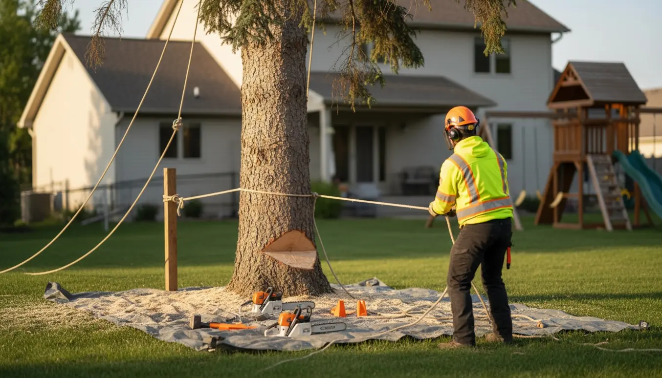 Kontrolleret fældning af en høj død blågran med reb og motorsav, så træet falder sikkert væk fra hus og legetårn.
