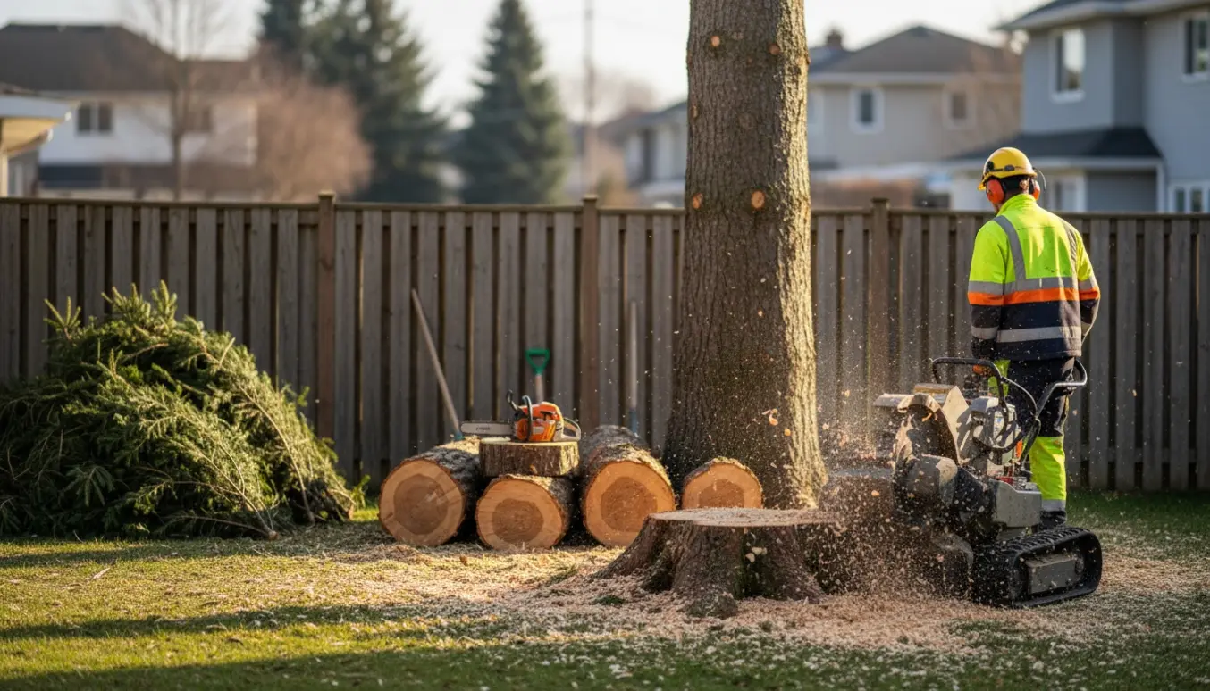 En baghave med en fræset stub, stabler af skårne træstammer og samlet grangrene efter fældning.