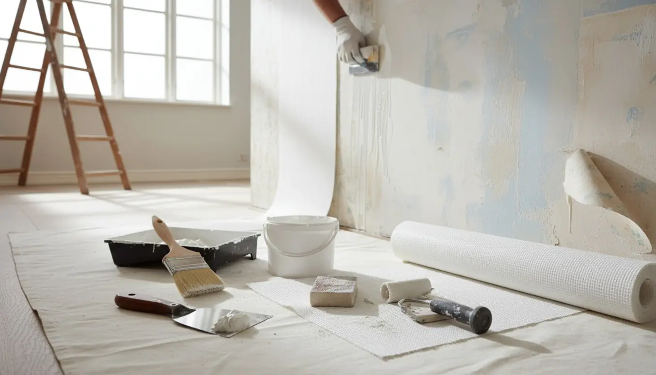 Nærbillede af væg under renovering med aftrukket tapet, spartelmasse og opsætning af glasfilt klar til hvid maling.