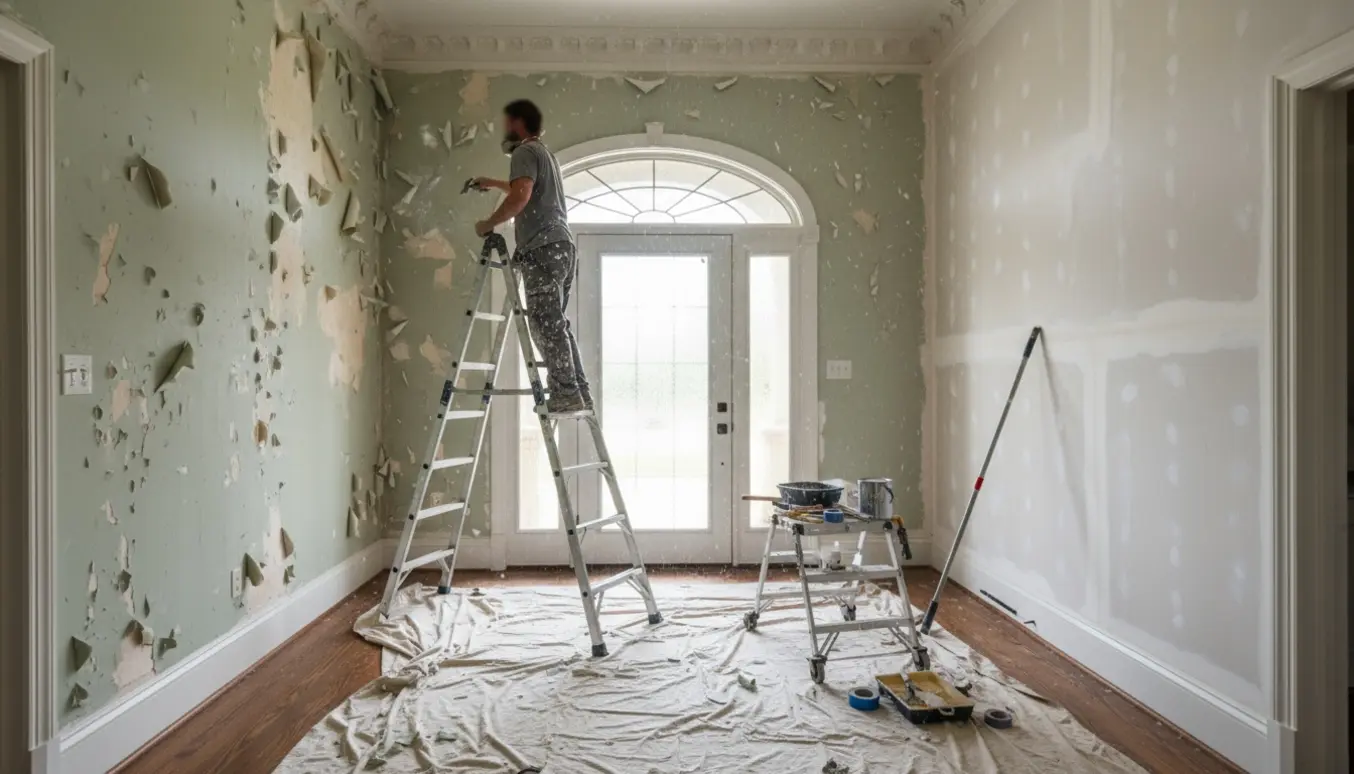 En maler reparerer et skallende loft i et højt indgangsparti med stige, spartel og afdækningsdug.