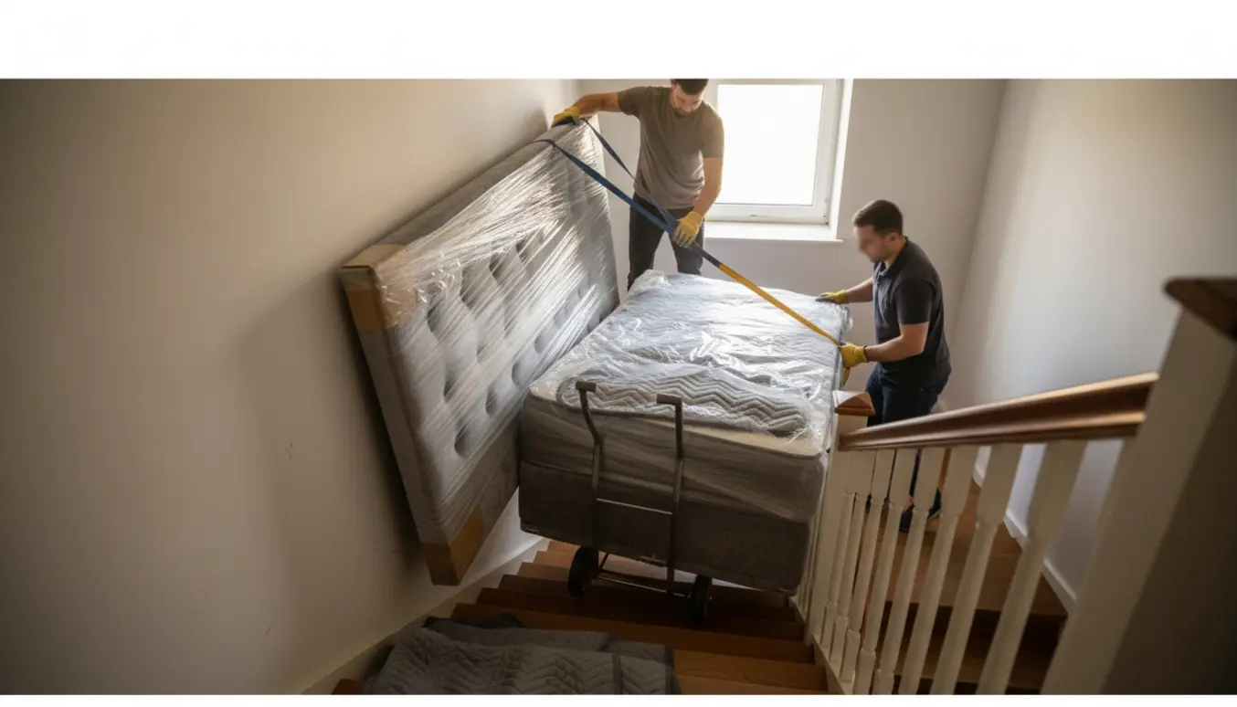 To flyttemænd bærer en kontinental seng med gavl ned ad en smal trappe uden elevator.