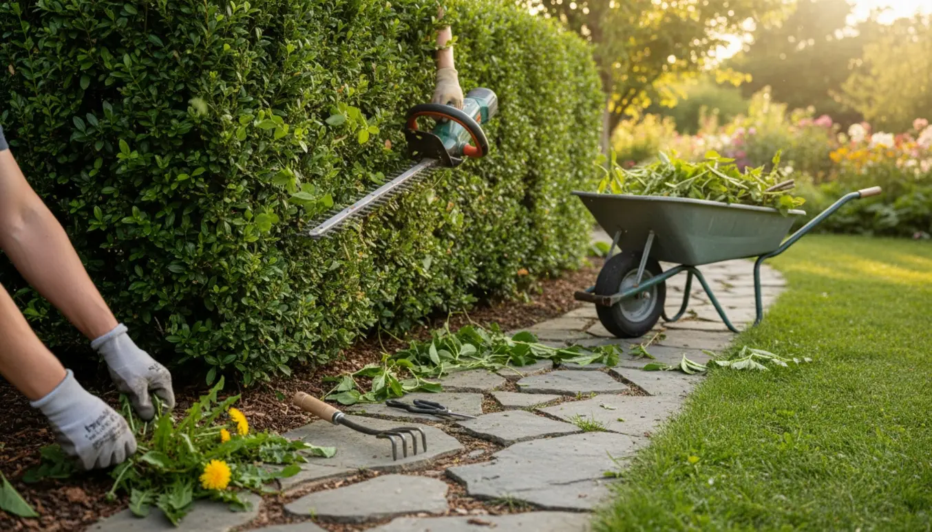 Hands‑klædt person klipper en frodig hæk i juli og trækker ukrudt ved hækkens rod.