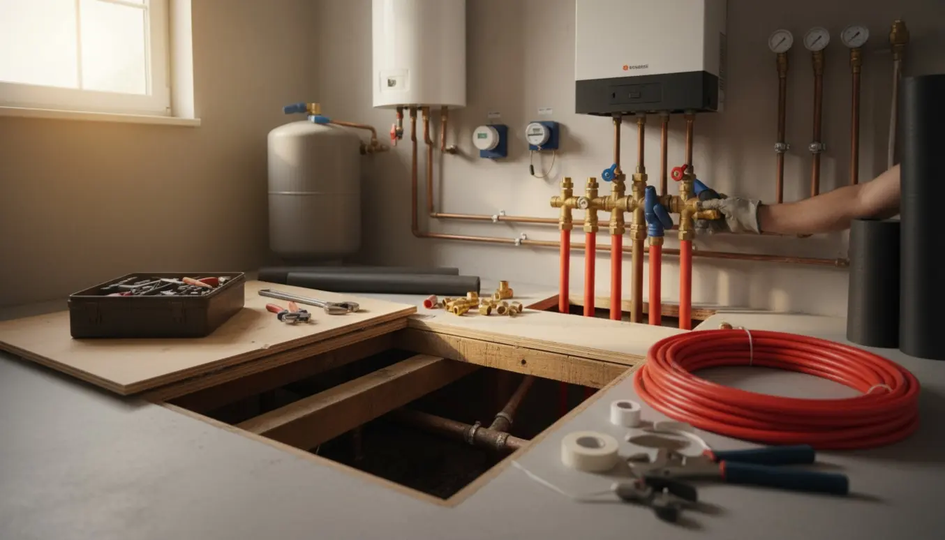 Teknikrum med åbent gulv og rør, mens varmerør udskiftes.