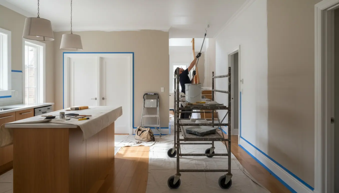 Køkken og høj gang med stillads, malerudstyr og friskmalede vægge og loft.