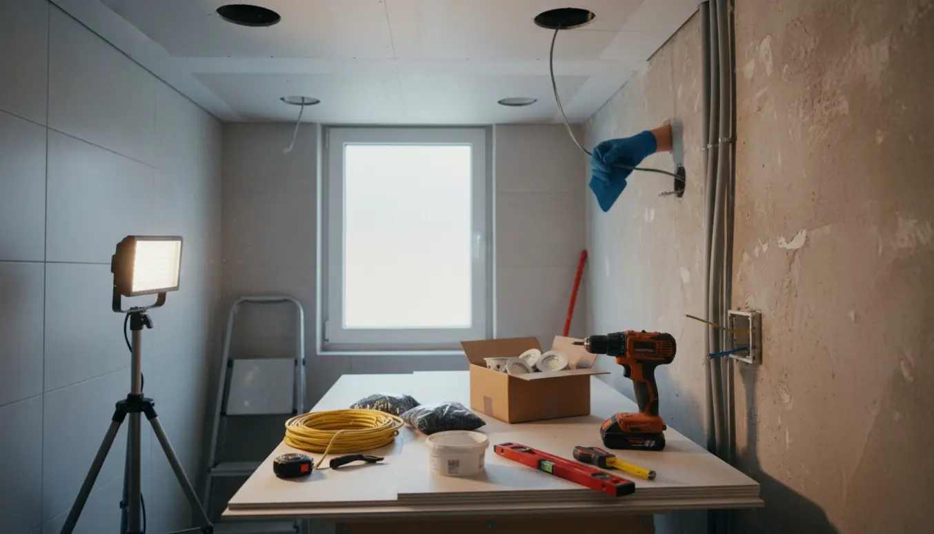 Gipsloft og elinstallation i et lille WC med gipsplader, installationsrør og værktøj.