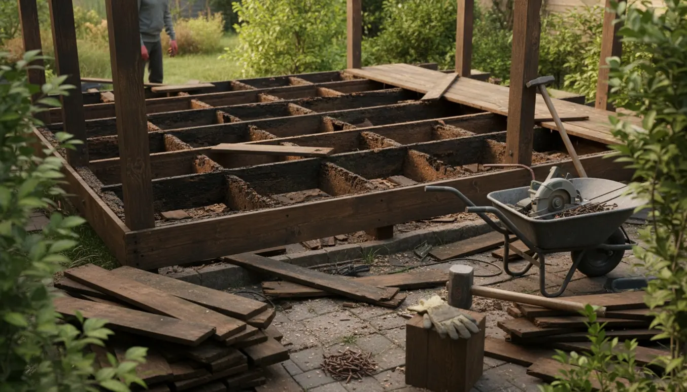Delvist nedrevet gammel træterrasse med stabler af rådne brædder og værktøj i en baggård.