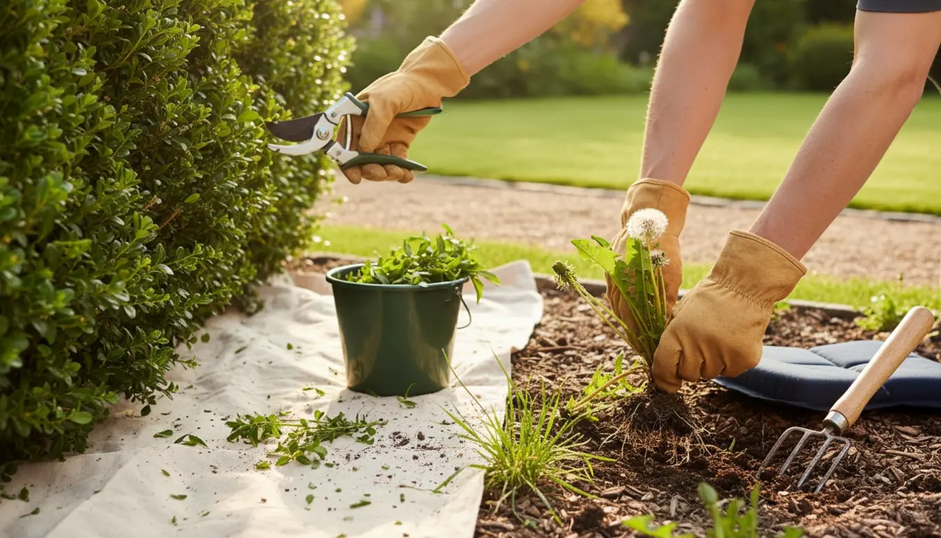 Nærbillede af handsker, der fjerner ukrudt og klipper en grøn hæk i en solrig have.