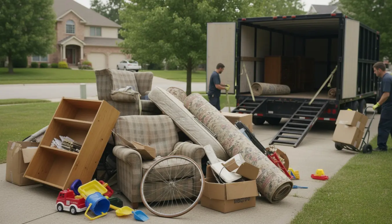 Storskrald med gamle møbler og legetøj læsses på en åben trailer i indkørslen.