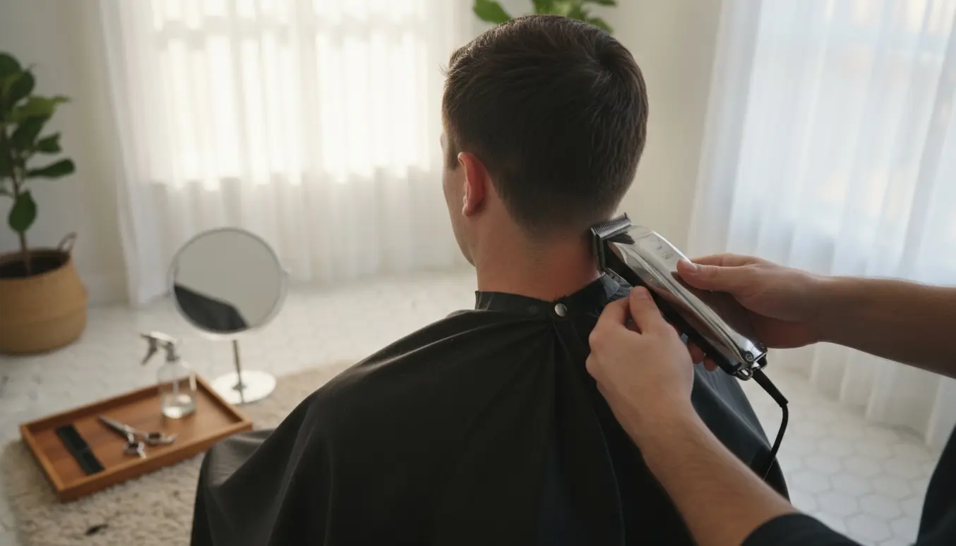 Herre får klippet hår hjemme set bagfra med klippemaskine og hår på gulvet.