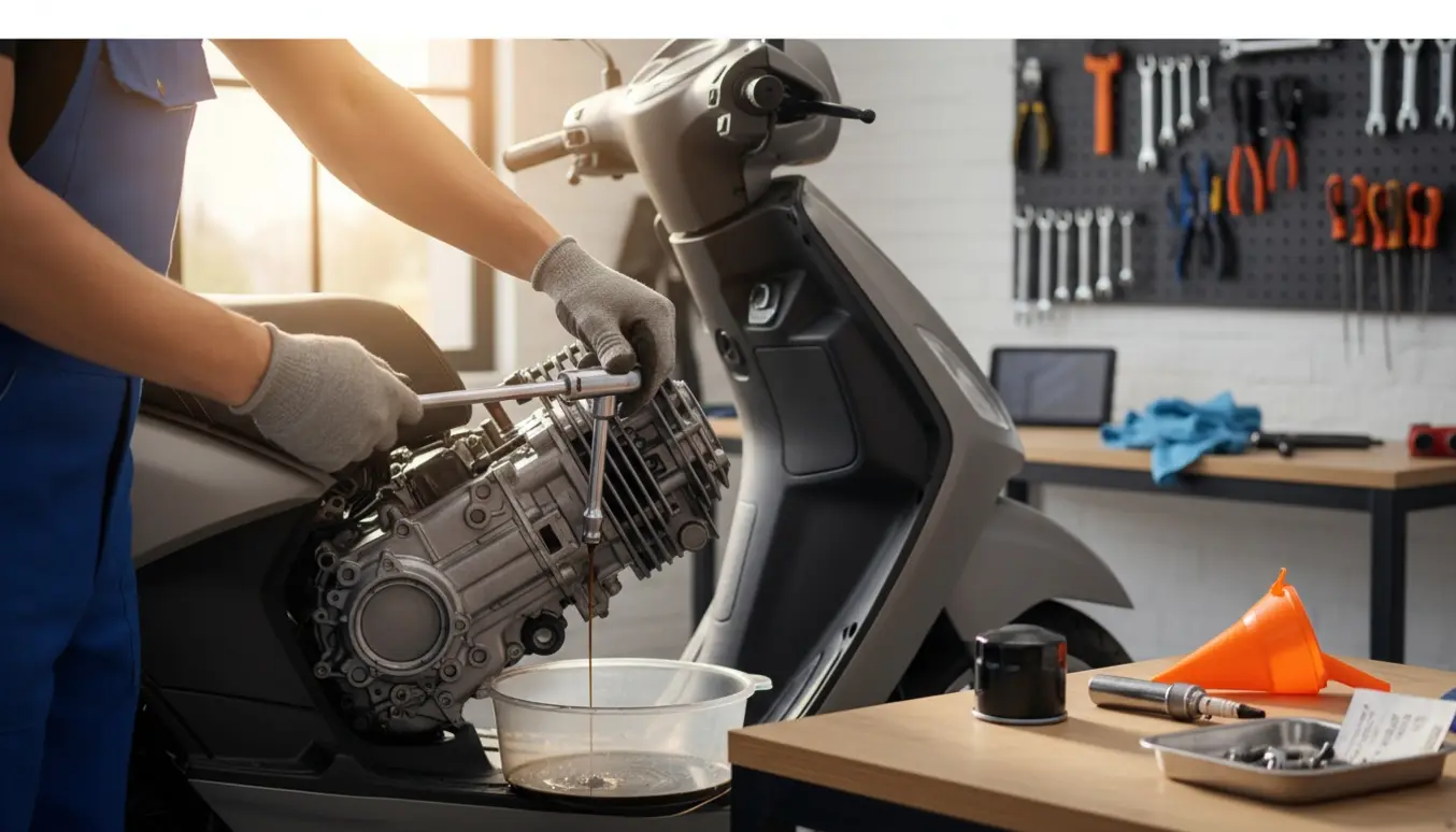 Mekaniker udfører fuld motorservice på en scooter i et lyst og ryddeligt værksted.