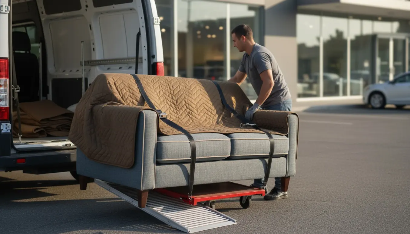 En sofa løftes af to hjælpere ind i en varevogn uden tydelige ansigter.