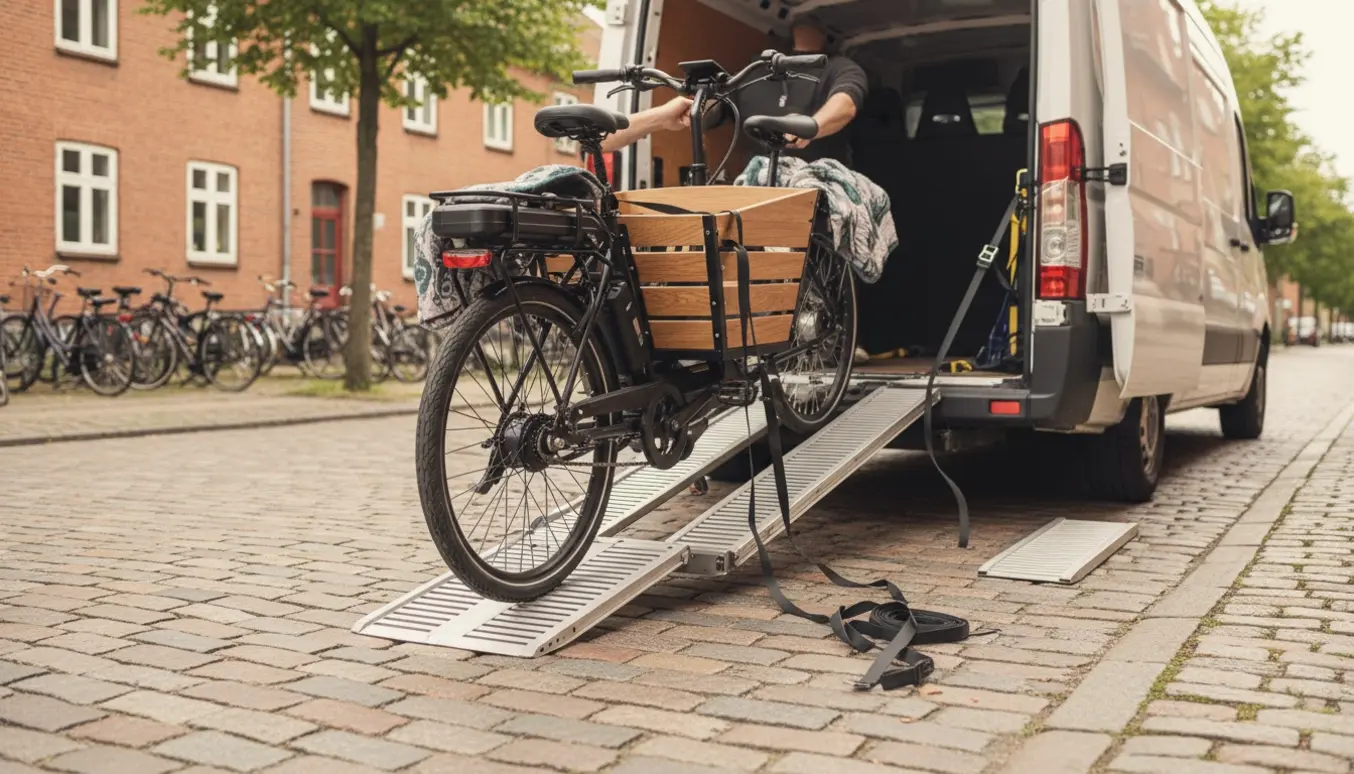 En el-ladcykel bliver læsset og spændt fast i en flyttevogn på en rolig bygade.
