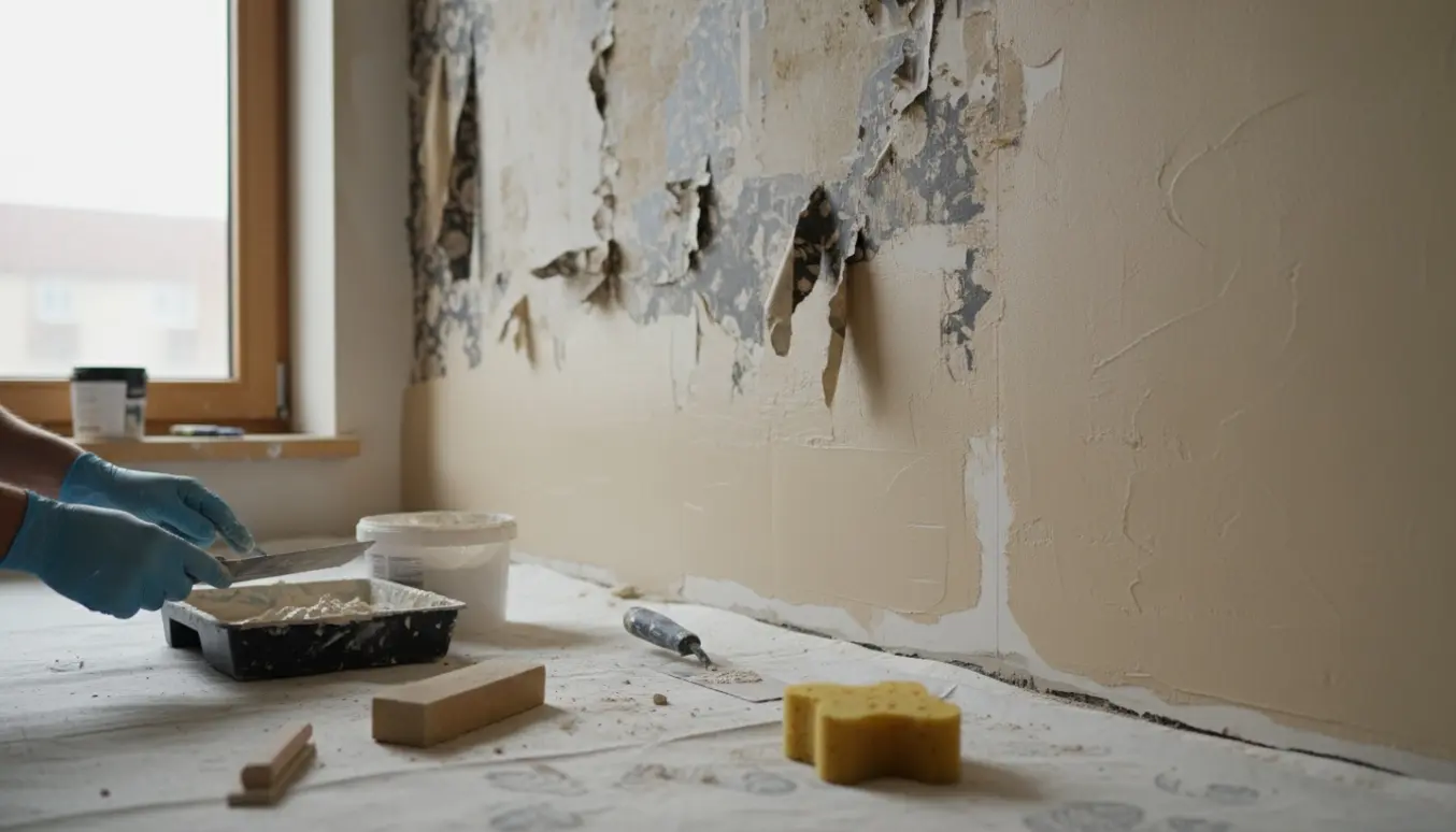 Nærbillede af fjernelse af tapetrester og spartling af to små vægge med spartel, slibeværktøj og beskyttelsesafdækning.