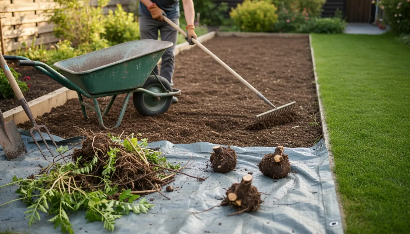 Delvist ryddet bed med opgravet skvalderkål og tidsler, mens en havearbejder jævner jorden med en rive.