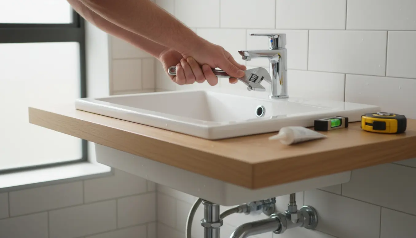 Hænder monterer en ny hvid håndvask på et træskab i et lyst badeværelse med værktøj ved siden af.