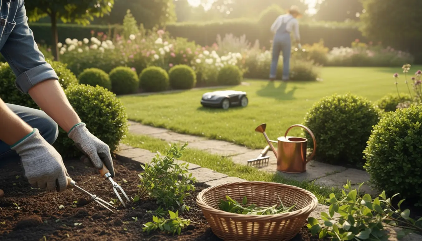 Hænder i handsker luge ukrudt og klippe små buske i en velplejet have med en robotplæneklipper i baggrunden.