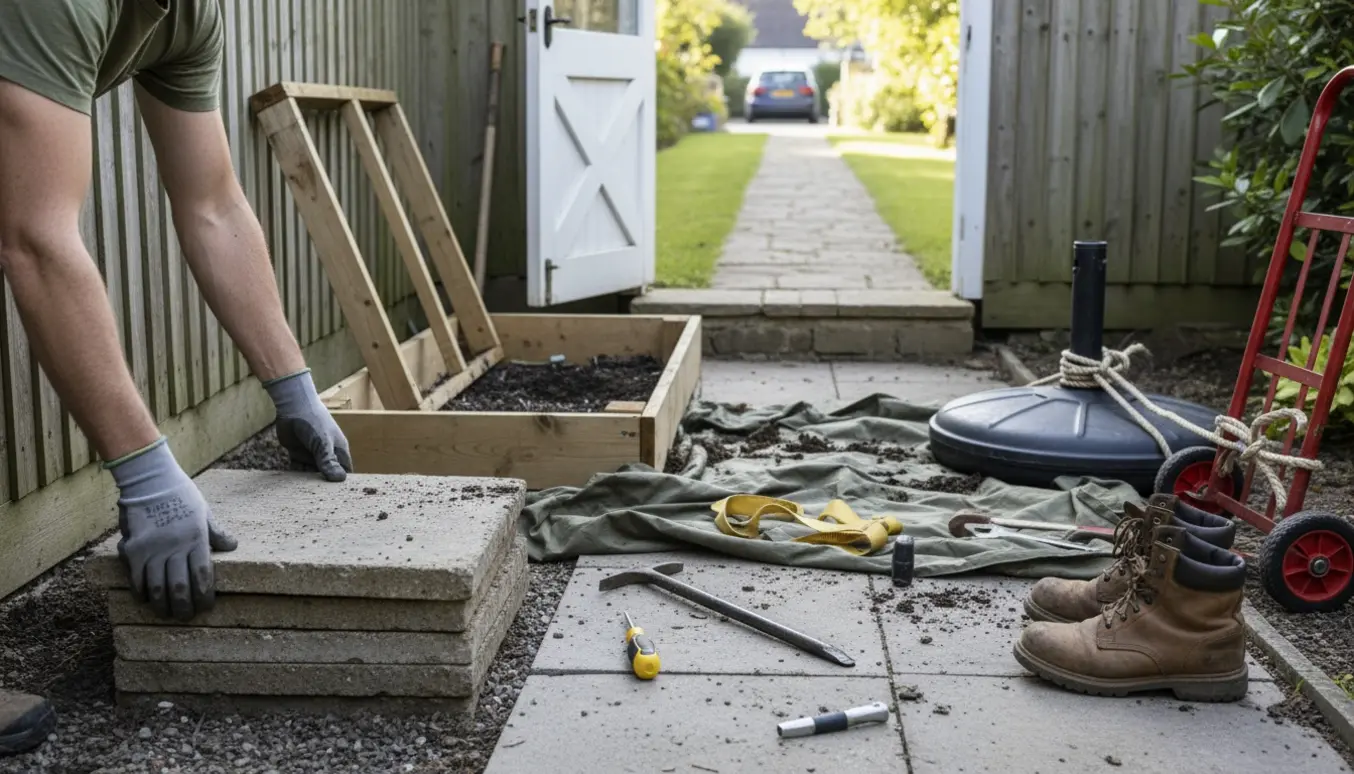 Arbejdshænder løfter havefliser ved en sti med et nedtaget højbed og en parasolfod klar til bortkørsel.