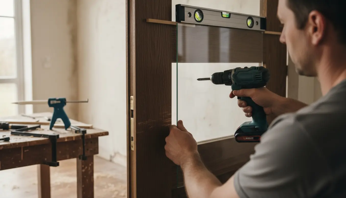 Nærbillede af montering af en trædør med plexiglasvindue, hænder der skruer hængsler fast.