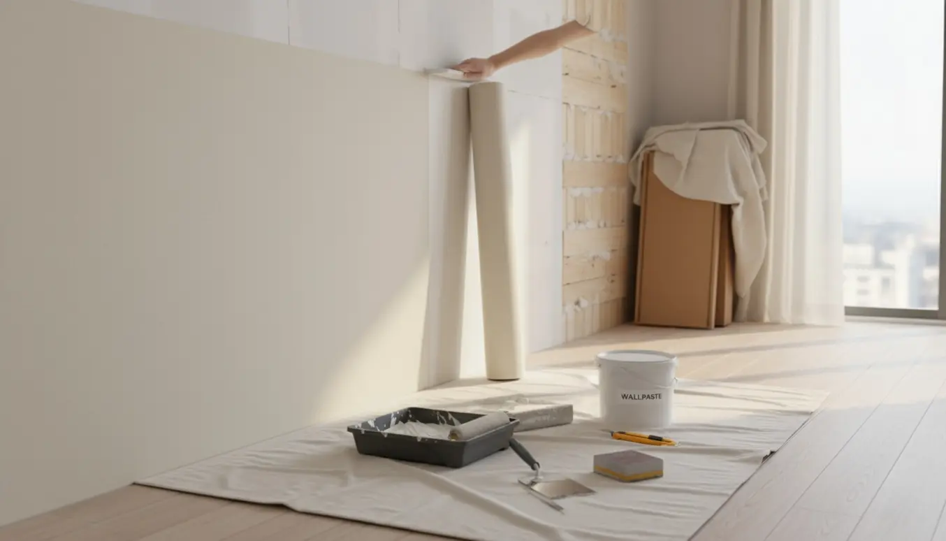 Hænder opsætter filt på en væg med filt-rulle, spartelmasse og værktøj i et rum.