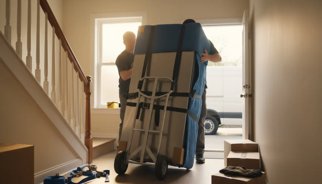 To flyttemænd bærer et stort amerikansk køleskab op ad trappen til 1. sal, pakket i flyttetæpper og sikret med stropper.