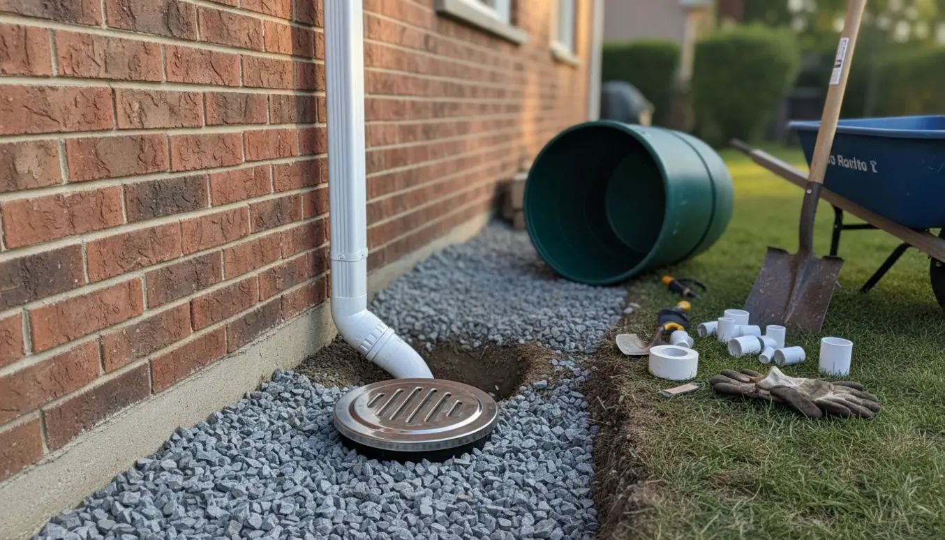 Nyinstalleret nedløbsrør og afløbsbrønd ved husfundament efter fjernelse af regnvandstønden.