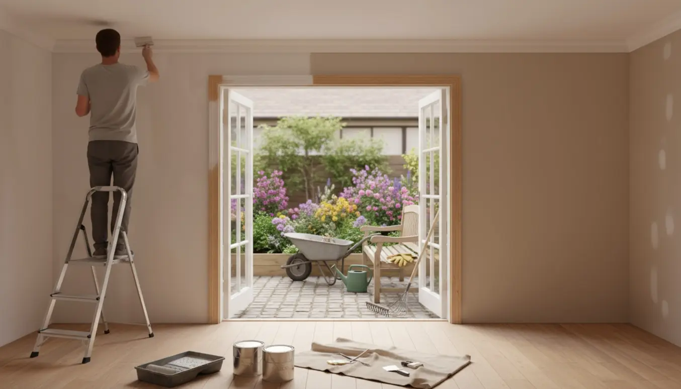 En maler i en dagligstue maler lofter og dørkarme med åben dør til en lille velplejet gårdhave.