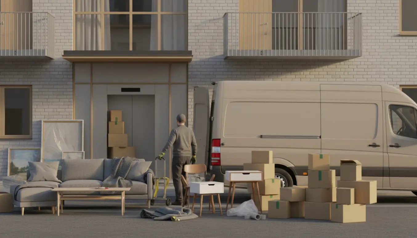 Flyttevogn uden for en lejlighedsindgang mens møbler og papkasser er pakket klar til flytning.