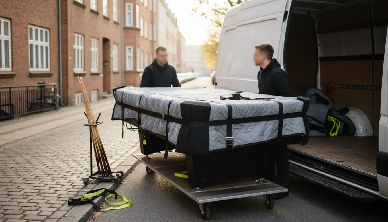 To flyttemænd løfter et indpakket poolbord ind i en flyttevan på en Frederiksberg-gade.