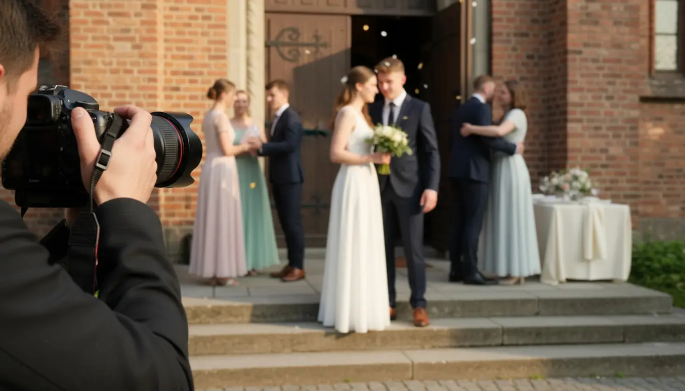 En fotograf tager billeder af en konfirmand foran en kirke med gæster i baggrunden.