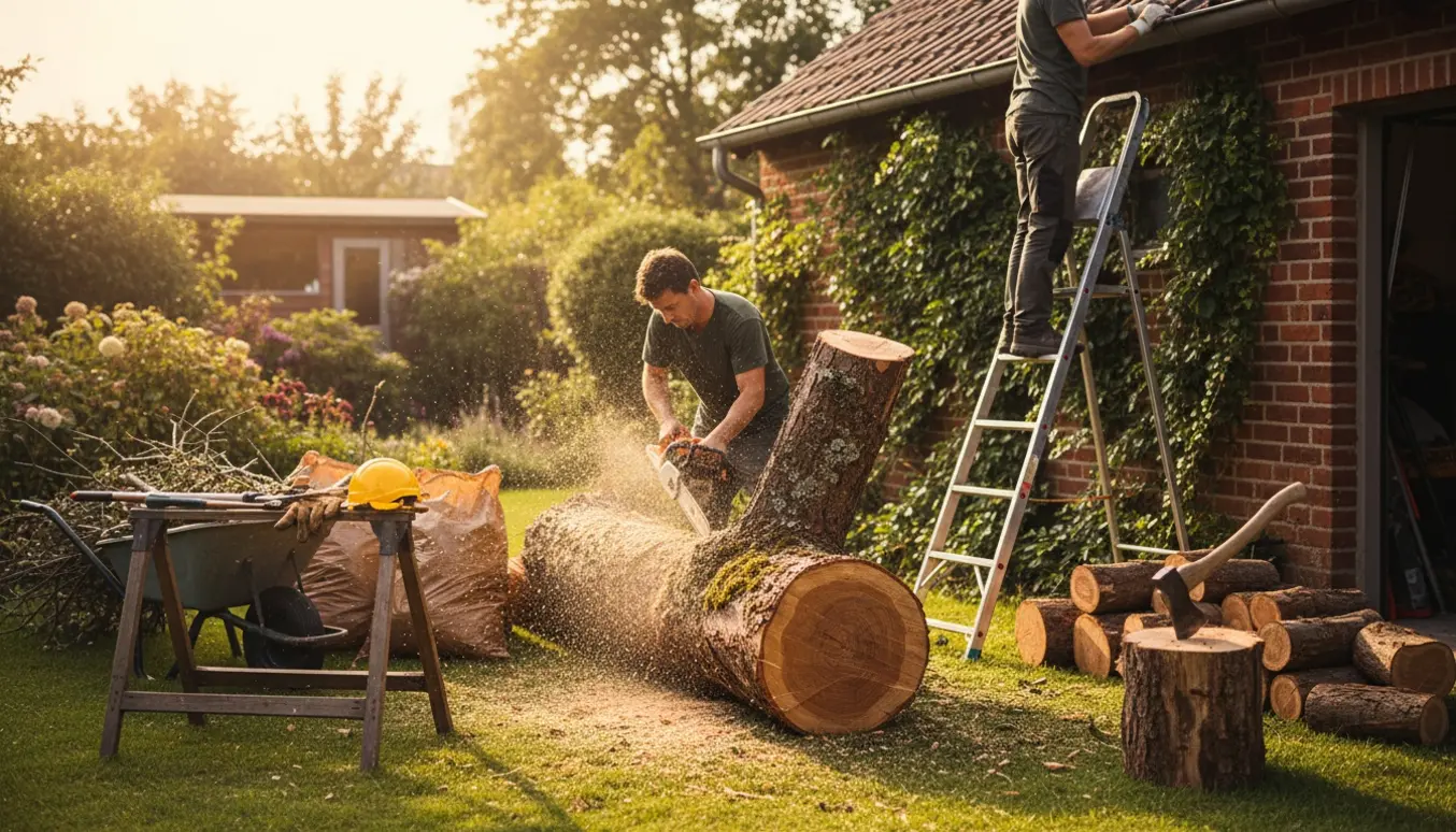 Havemand saver et væltet æbletræ til brænde, mens efeu klippes fra en garagevæg og haveaffald lægges i en trillebør.