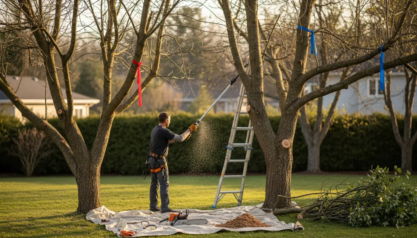 To træer i en have bliver beskåret med markerede klippehøjder, en stige, save og en bunke nysavede grene.