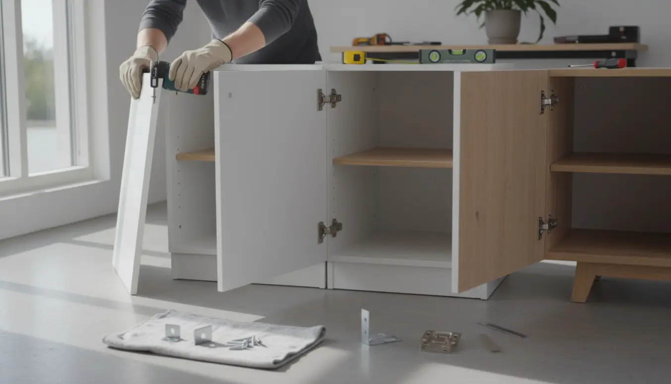 To Tonstad skabe, hvor låger monteres og hylder justeres, og reparation af hængsel på en Mistral skænk.