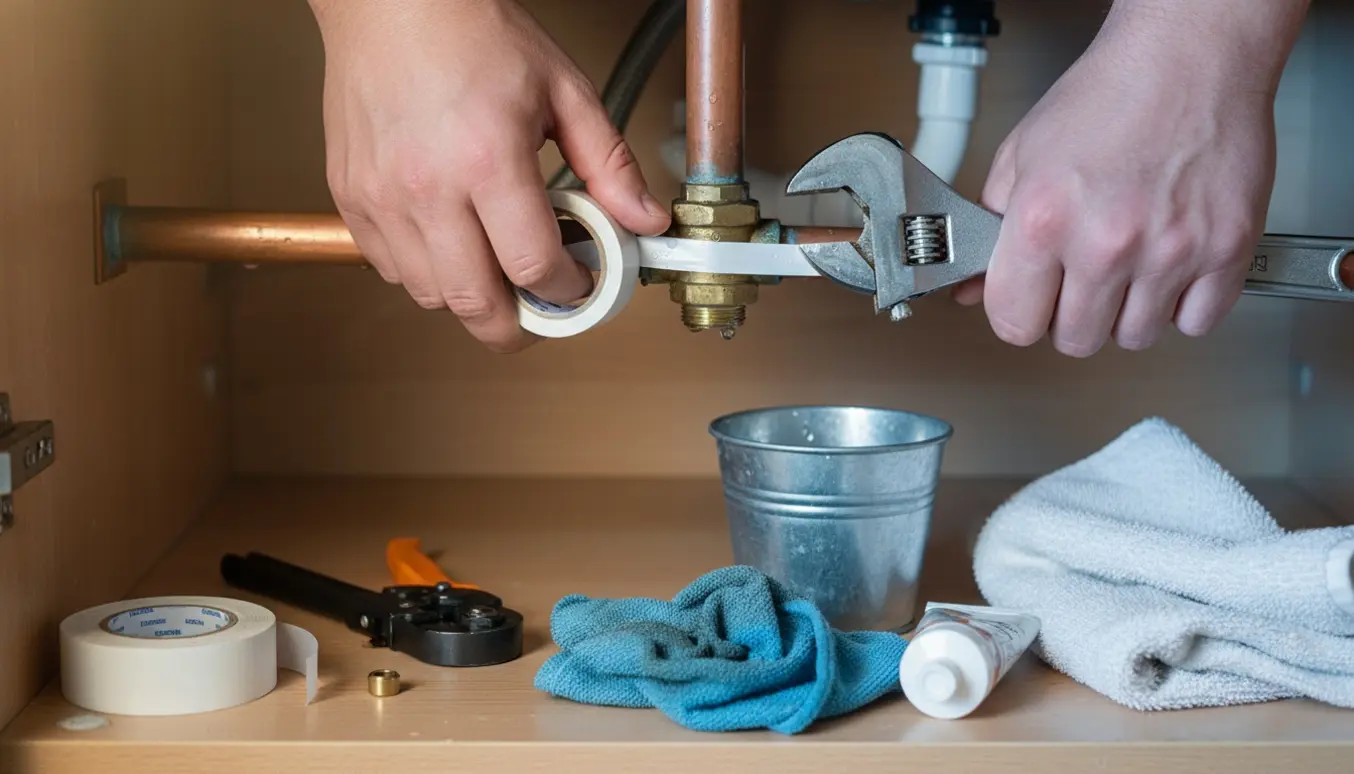 Hænder tætner en utæt rørforbindelse under vask med VVS-tape og skruenøgle.