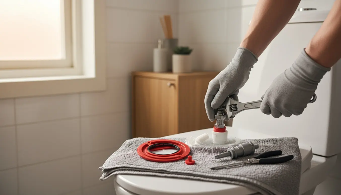 Hænder med handsker justerer indmad i en åben toilettank i et lyst badeværelse med værktøj på et håndklæde.