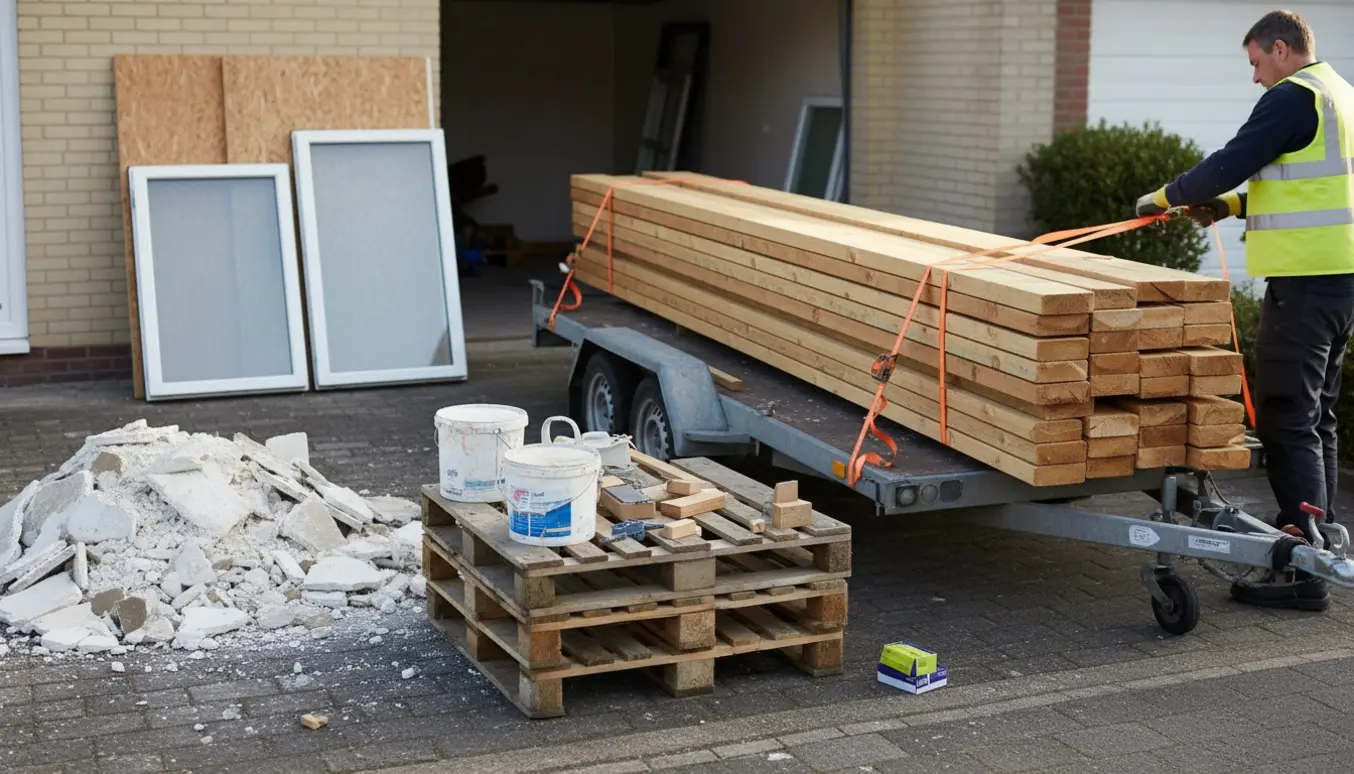 Trailer på en indkørsel med samlede spær, paller, gipsrester, vinduesrammer og malerspande klar til bortkørsel.