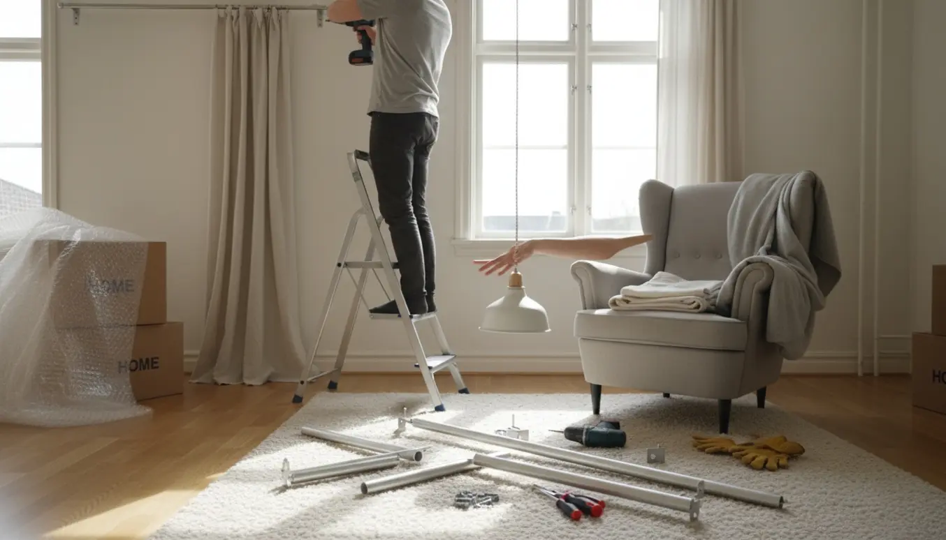 Hænder afmonterer gardinstang og sænker en lampe i en lys lejlighed med flyttekasser.