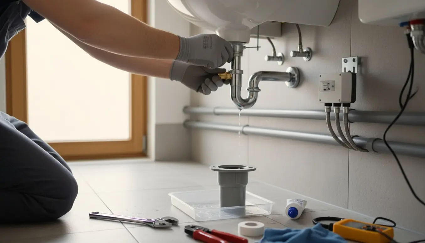 VVS-hænder tæt på, der reparerer utæt toilet og håndvask og tilslutter termostatventiler og målerbeslag i et moderne badeværelse.