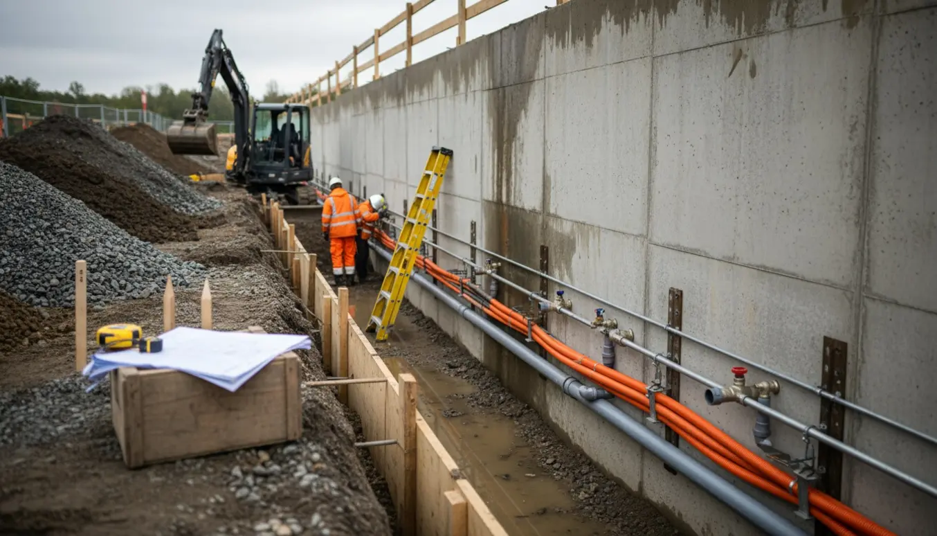 Udgravet kældervæg med gravemaskine, synlige kabler og rør i en byggegrube.