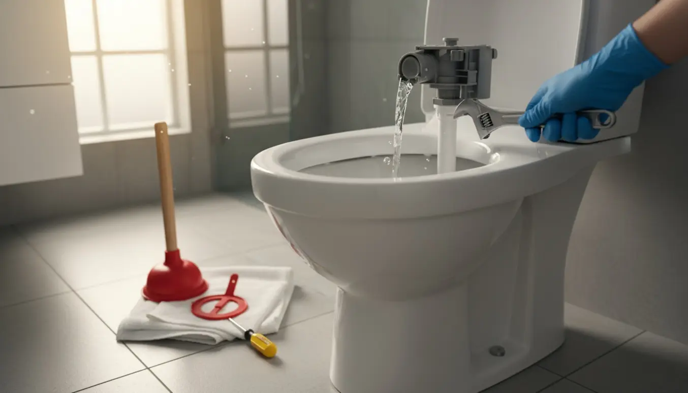 Åben toiletcistern med løbende vand og en hånd, der justerer en ventil i et rent badeværelse.