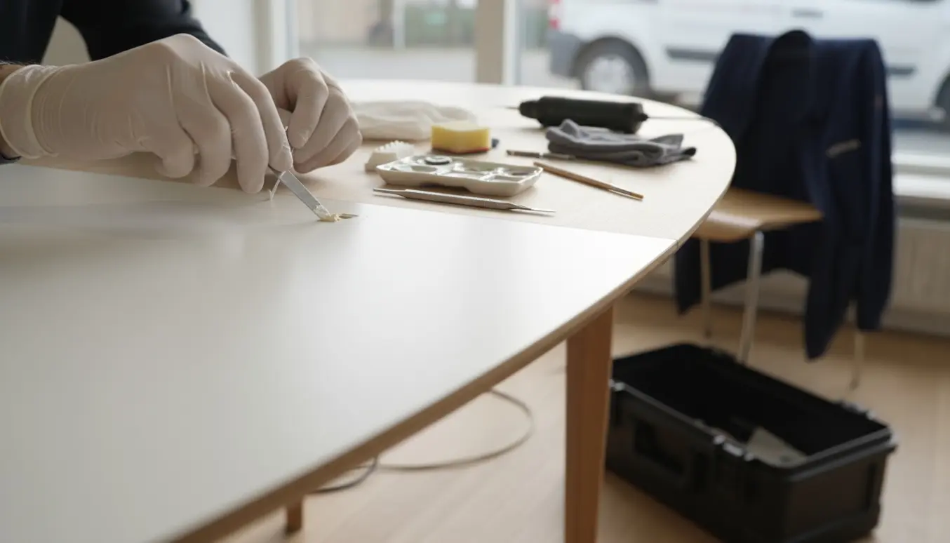 Nærbillede af en tekniker i handsker, der reparerer et lille hak i et ovalt hvidt Wegner-bord i et lyst værksted.