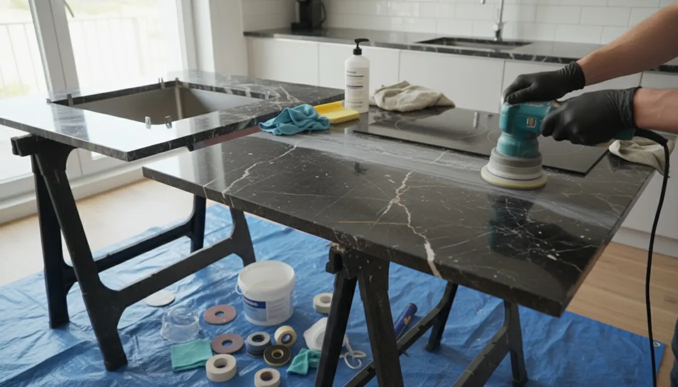 Handsker polerer en Konya Black-marmorbordplade i et lyst køkken med underlimet vask og fjernet kogeplade i baggrunden.