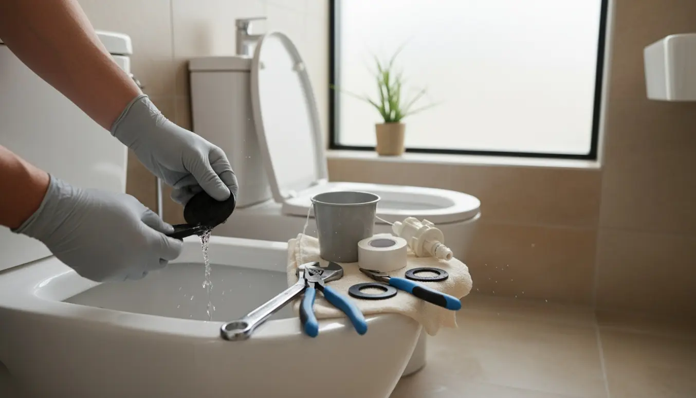 Nærbillede af hænder, der udskifter en pakning i en åben toiletcisterne med værktøj og reservedele ved siden af.