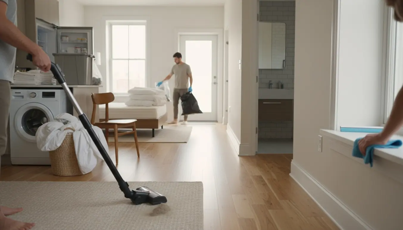 Lyst moderne hjem under rengøring med støvsuger på gulvet, stablet sengetøj og en vasketøjskurv.