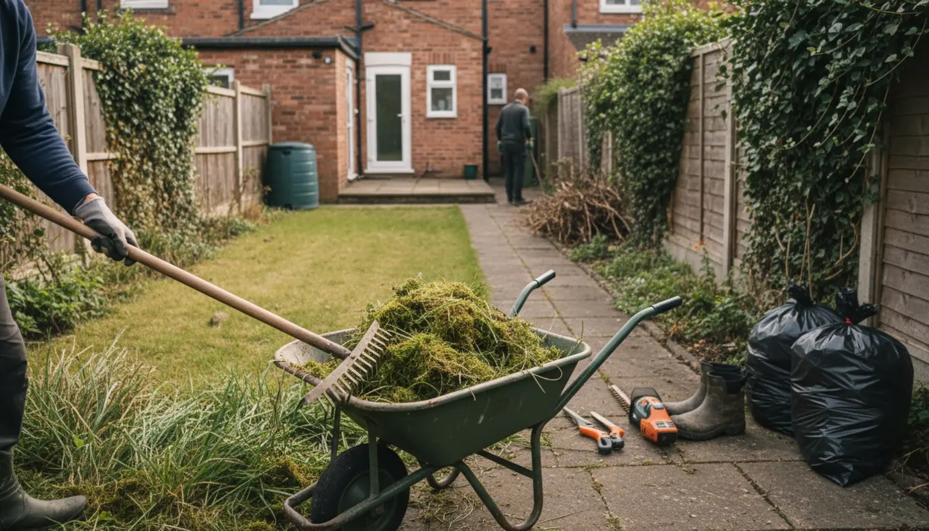 En meget tilgroet rækkehushave bliver ryddet med rive, trillebør, beskærersaks og fyldte affaldssække.