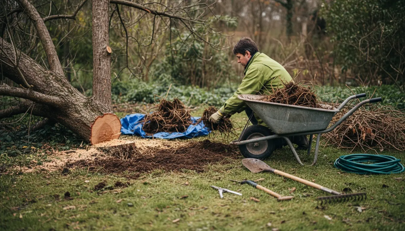 Hjørne af have hvor en høj død træstamme fjernes, gamle planter er opryddet og værktøj ligger klar.