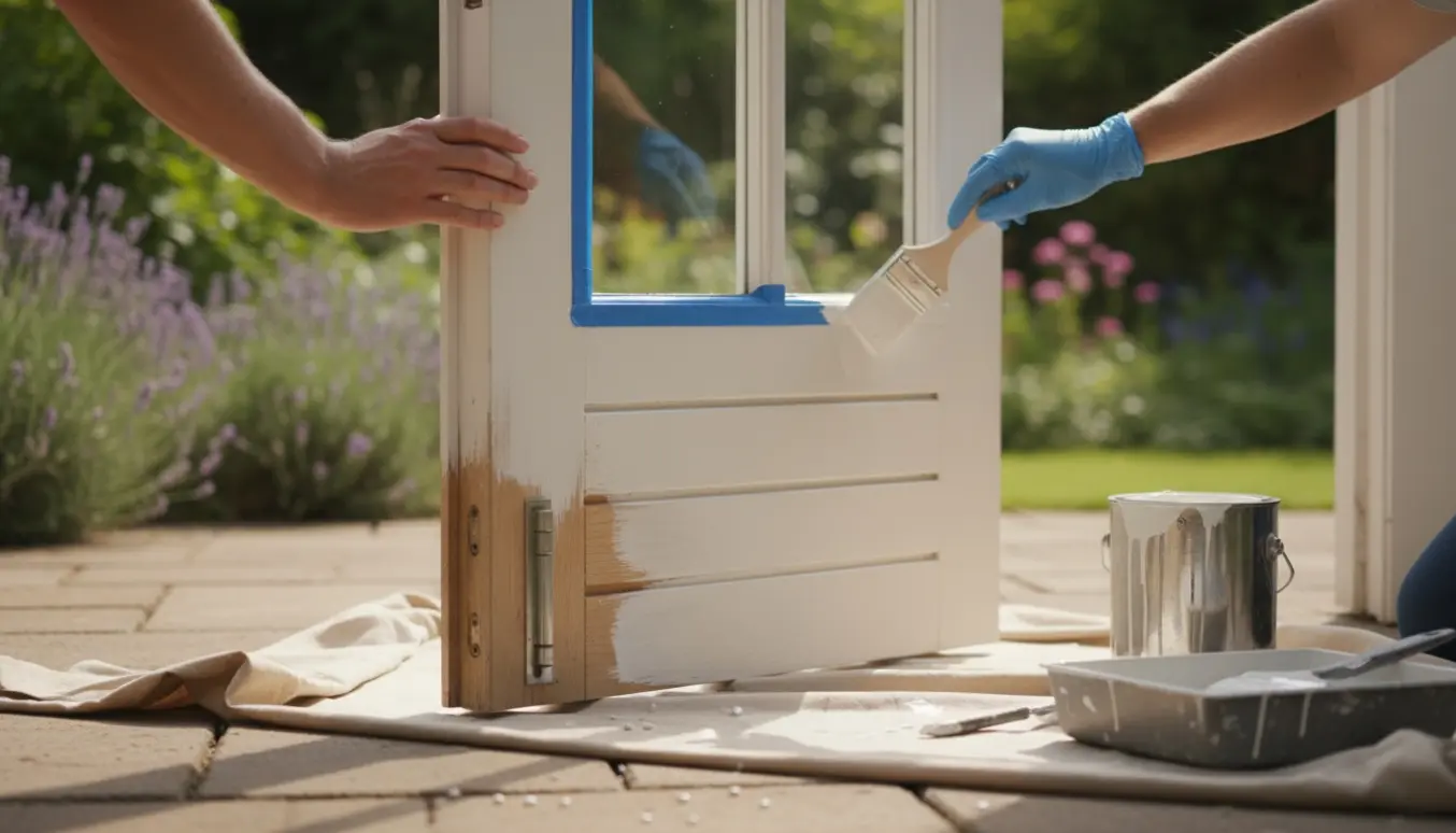 En åben havedør halvt nymalet med pensler, malerbøtte og afdækningsdug i en solagt have.