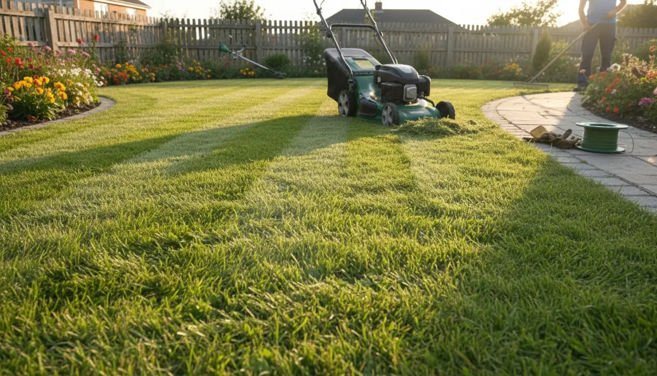 Nyslået græsareal på ca. 600 m² med plæneklipper og græstrimmer, synlige striber og nytrimmede kanter.