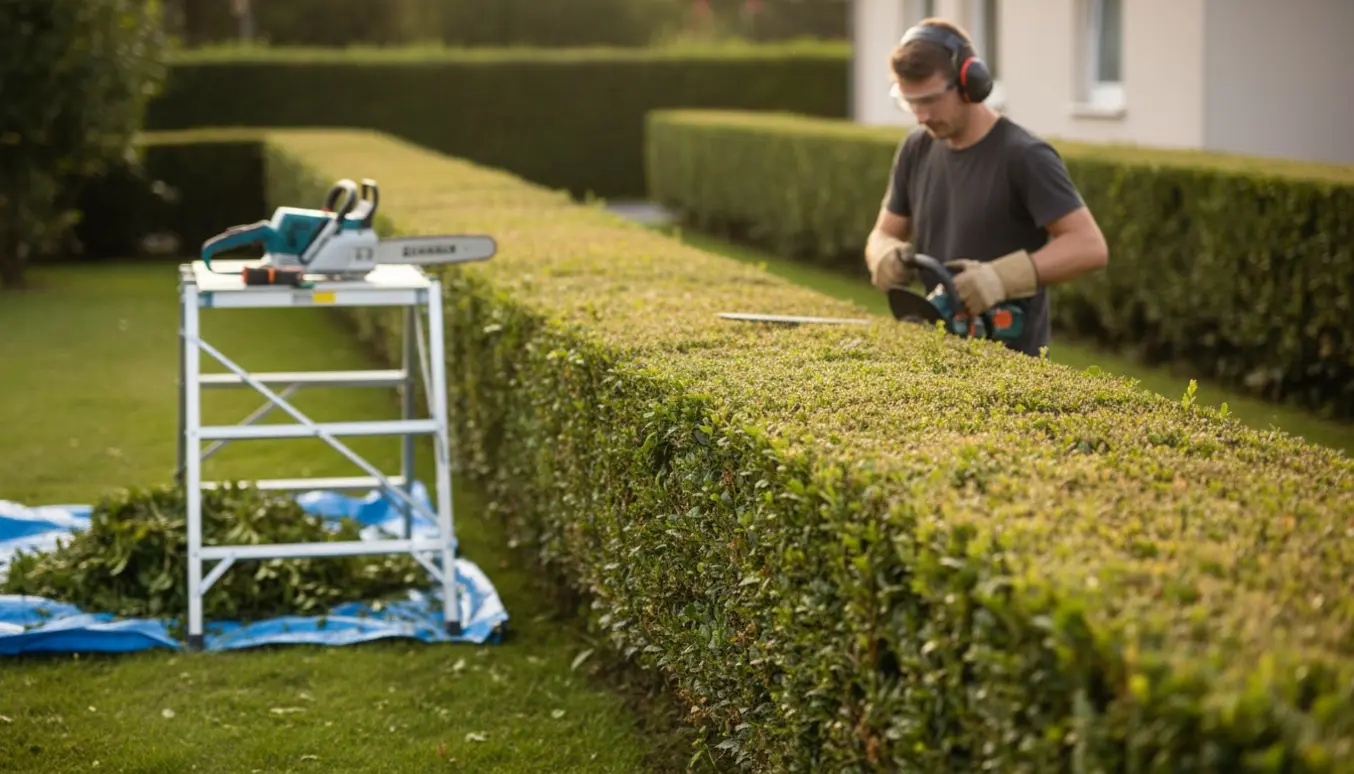 Lang hæk bliver klippet med el-hækkeklipper og lille stillads i en solrig have.
